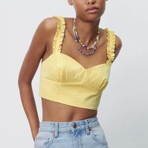 ◾️3/$25 Zara Yellow Gingham Checkered Frill Strap Crop Top